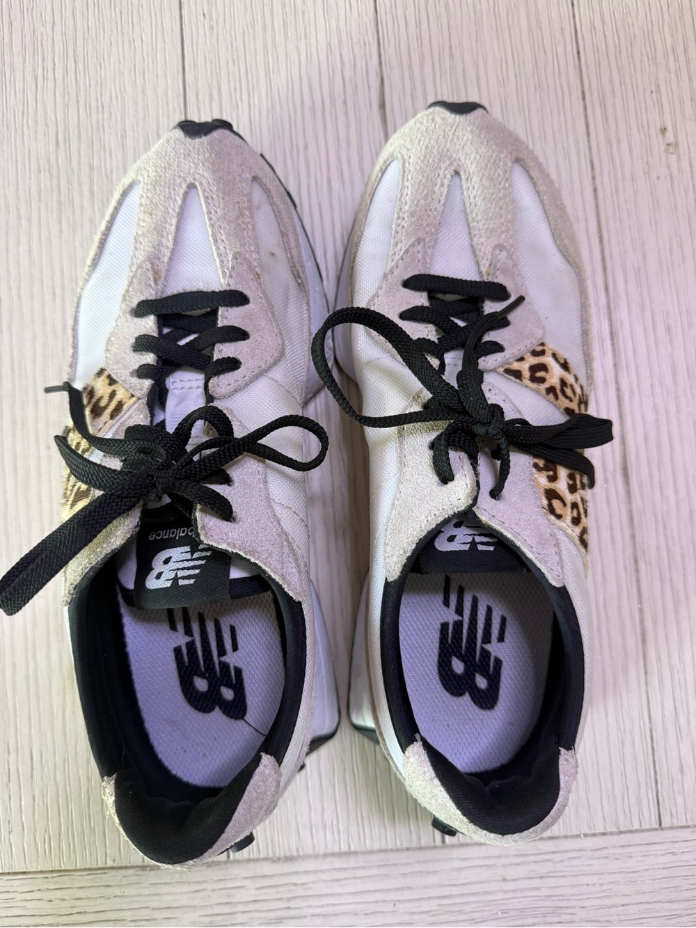 New Balance White Sneakers with Black Laces and Leopard Patch